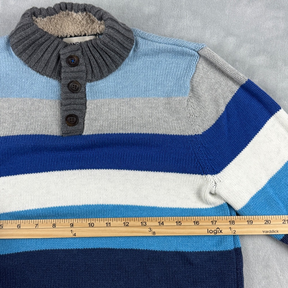Lands End Boys Blue White Knit Sweater Sherpa Lined Collar Button Neck XL 18-20 - Picture 5 of 14